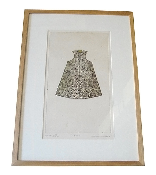 Cadre noir lithographie à l'encre de chine- Kimono sur papier papyrus.