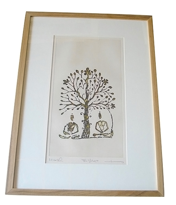 Cadre noir lithographie à l'encre de chine- Arbre de vie sur papier papyrus.